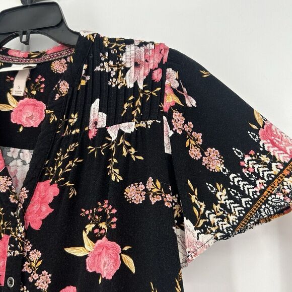 Knox Rose Boho Button Up Shirt Floral Black Pink Mixed Pattern Size S - Picture 3 of 9